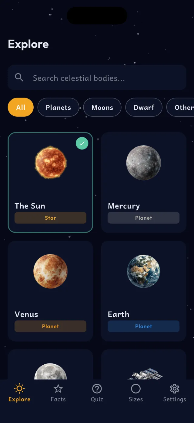 Explore screen listing the Sun, planets, moons, dwarf planets and the space station.